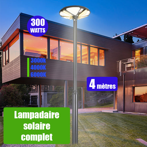 Pack lampadaire complet 4 mètres : Lampe solaire Série OVNI TRICOLORE 300 Watts 3000K / 4000K / 6000K + Mât STANDARD 4 mètres