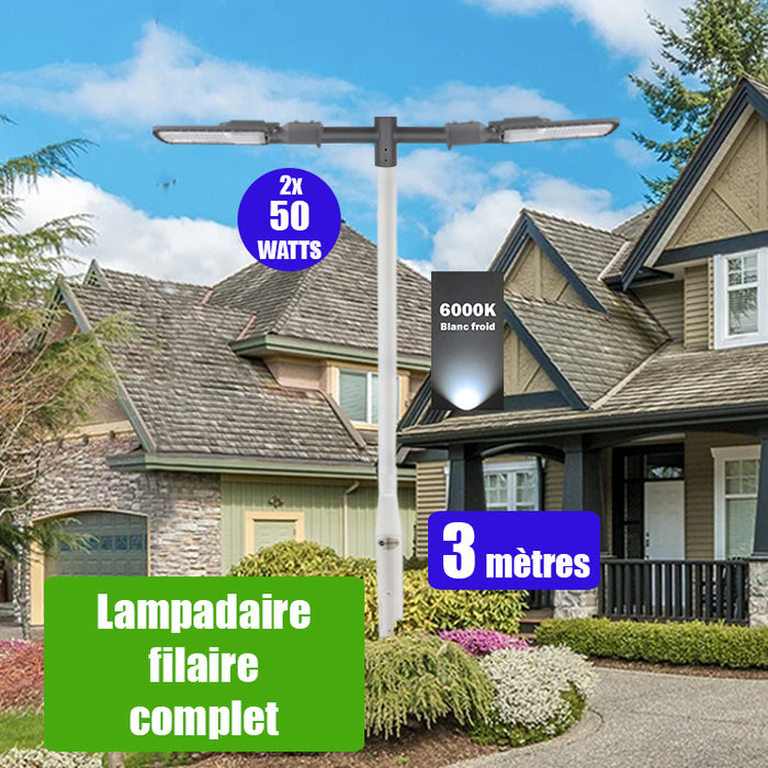Pack lampadaire filaire complet double tête 3 mètres : 2x Lampes de rue filaire - Série FLEX ECO - 50 Watts - 6000k + Mât STANDARD - 3 mètres avec trappe au choix (STANDARD V2 EVO ou STANDARD V4 EVO) + Double tête de mât + 2x Adaptateurs 60/50 ajustable