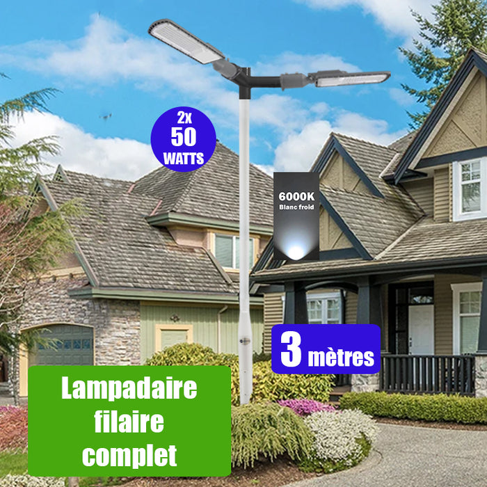 Pack lampadaire filaire complet double tête 3 mètres : 2x Lampes de rue filaire - Série FLEX ECO - 50 Watts - 6000k + Mât STANDARD - 3 mètres avec trappe au choix (STANDARD V2 EVO ou STANDARD V4 EVO) + Double tête de mât + 2x Adaptateurs 60/50 ajustable