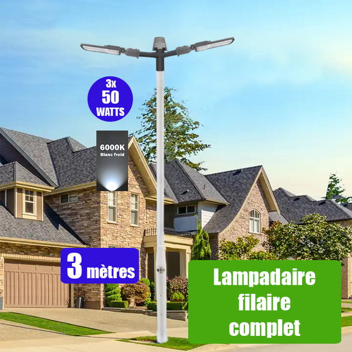 Pack lampadaire filaire complet triple tête 3 mètres : 3x Lampes de rue filaire - Série FLEX ECO - 50 Watts - 6000k + Mât STANDARD 3 mètres avec trappe au choix (STANDARD V2 EVO ou STANDARD V4 EVO) + Triple tête de mât + 3x Adaptateurs 60/50 ajustable