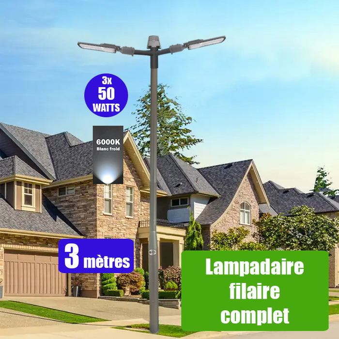 Pack lampadaire filaire complet triple tête 3 mètres : 3x Lampes de rue filaire - Série FLEX ECO - 50 Watts - 6000k + Mât STANDARD 3 mètres avec trappe au choix (STANDARD V2 EVO ou STANDARD V4 EVO) + Triple tête de mât + 3x Adaptateurs 60/50 ajustable