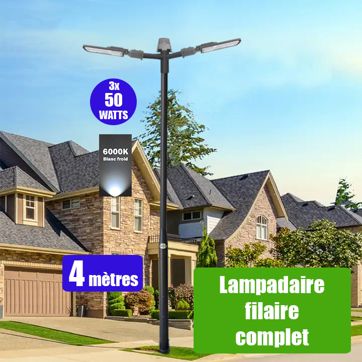 Pack lampadaire filaire complet triple tête 4 mètres : 3x Lampes de rue filaire - Série FLEX ECO - 50 Watts - 6000k + Mât STANDARD - 4 mètres avec trappe au choix (STANDARD V2 EVO ou STANDARD V4 EVO) + Triple tête de mât + 3x Adaptateurs 60/50 ajustable