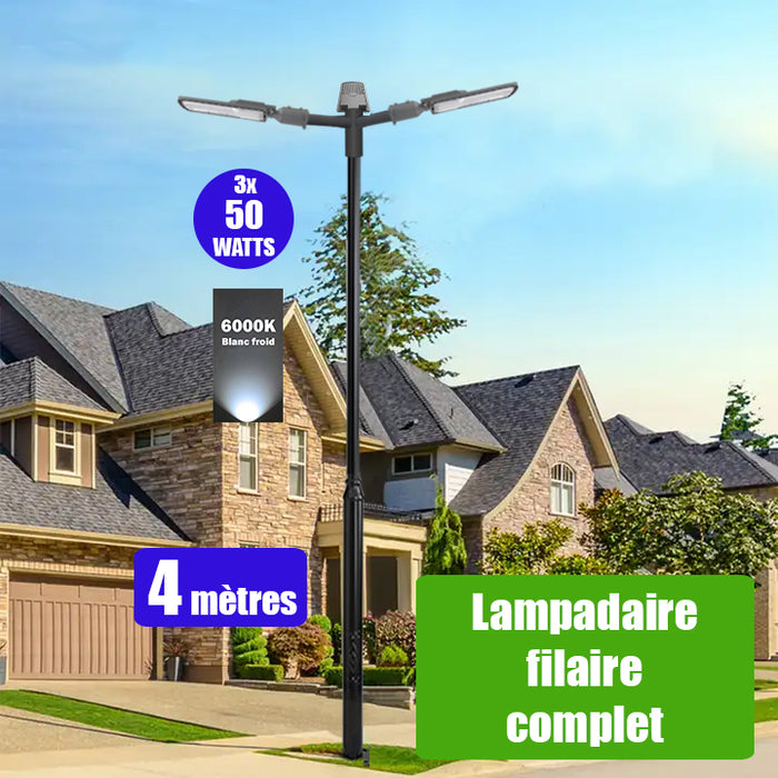 Pack lampadaire filaire complet triple tête 4 mètres : 3x Lampes de rue filaire - Série FLEX ECO - 50 Watts - 6000k + Mât STANDARD - 4 mètres avec trappe au choix (STANDARD V2 EVO ou STANDARD V4 EVO) + Triple tête de mât + 3x Adaptateurs 60/50 ajustable