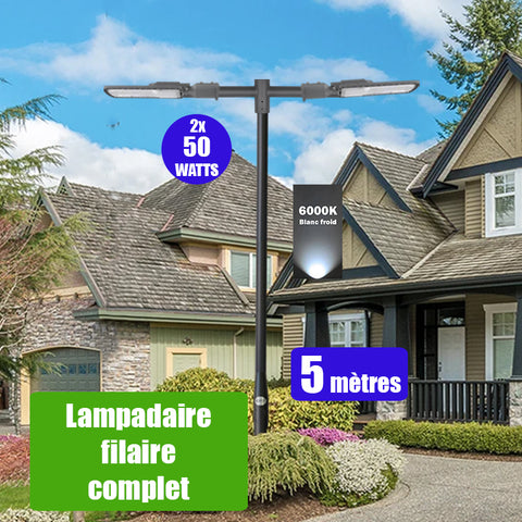 Pack lampadaire filaire complet double tête 5 mètres : 2x Lampes de rue filaire - Série FLEX ECO - 50 Watts - 6000k + Mât STANDARD - 5 mètres avec trappe au choix (STANDARD V2 EVO ou STANDARD V4 EVO) + Double tête de mât + 2x Adaptateurs 60/50 ajustable
