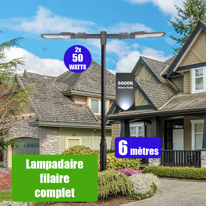 Pack lampadaire filaire complet double tête 6 mètres : 2x Lampes de rue filaire - Série FLEX ECO - 50 Watts - 6000k + Mât STANDARD - 6 mètres avec trappe au choix (STANDARD V2 EVO ou STANDARD V4 EVO) + Double tête de mât + 2x Adaptateurs 60/50 ajustable