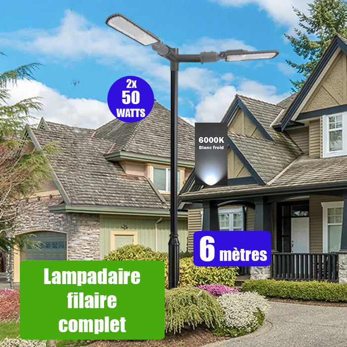 Pack lampadaire filaire complet double tête 6 mètres : 2x Lampes de rue filaire - Série FLEX ECO - 50 Watts - 6000k + Mât STANDARD - 6 mètres avec trappe au choix (STANDARD V2 EVO ou STANDARD V4 EVO) + Double tête de mât + 2x Adaptateurs 60/50 ajustable