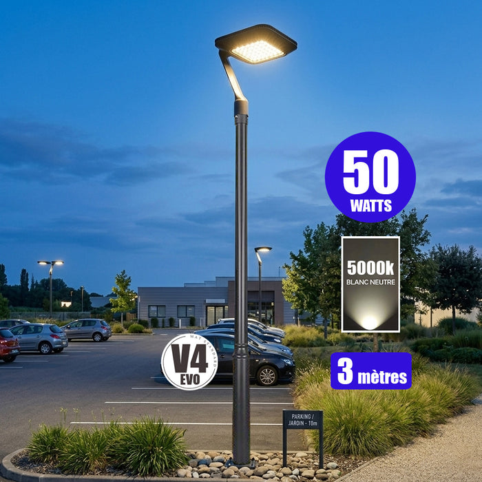 Pack lampadaire filaire complet 3/4/5/6 mètres au choix : Lampe filaire Série OVALI ALEN + Mât EVO - Entraxe des trous 200mm - Noir
