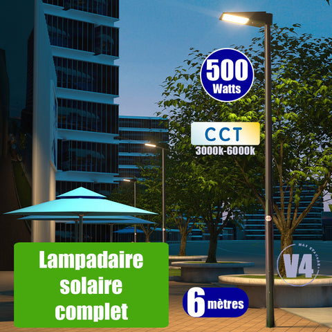 Pack lampadaire solaire complet 6 mètres : Lampe de rue et parking Solaire - Série STREET EVO V2 – Rendu lumineux 500 Watts - 4800 Lumens - CCT + Mât STANDARD V1 EVO 6 mètres ou Mât STANDARD V4 EVO 6 mètres - Noir - Avec trappe + Adaptateur 60/80 mm