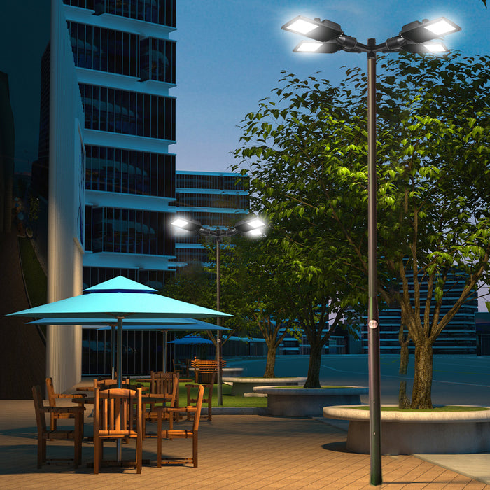 Pack lampadaire filaire complet quadruple tête 3/4/5/6 mètres au choix : 4x Lampes filaires Série STARPRO + Mât EVO - Entraxe des trous 200mm - Noir