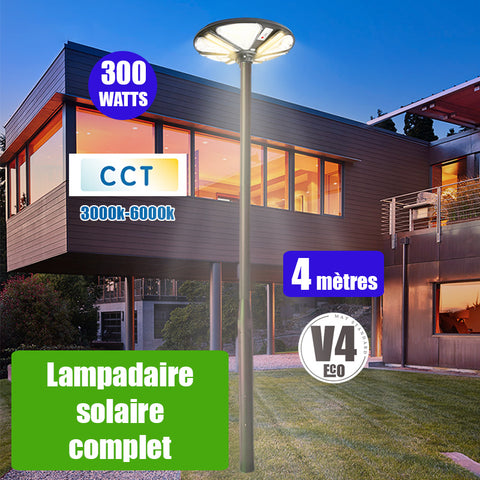 Pack lampadaire solaire complet 4 mètres : Lampe solaire - Série OVNI TRICOLORE - 300 Watts - CCT(3000k/4000k/6000k) + Mât STANDARD V4 ECO 4 mètres NOIR avec trappe - Entraxe latéral des trous 160mm