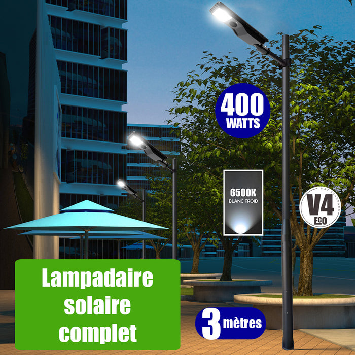 Pack lampadaire solaire complet 3 mètres : Lampe de rue solaire - Série POWER EVO V2 - 400 Watts - 1800 Lumens -  6500K + Mât STANDARD V4 ECO 3 mètres + Support déporté 60mm