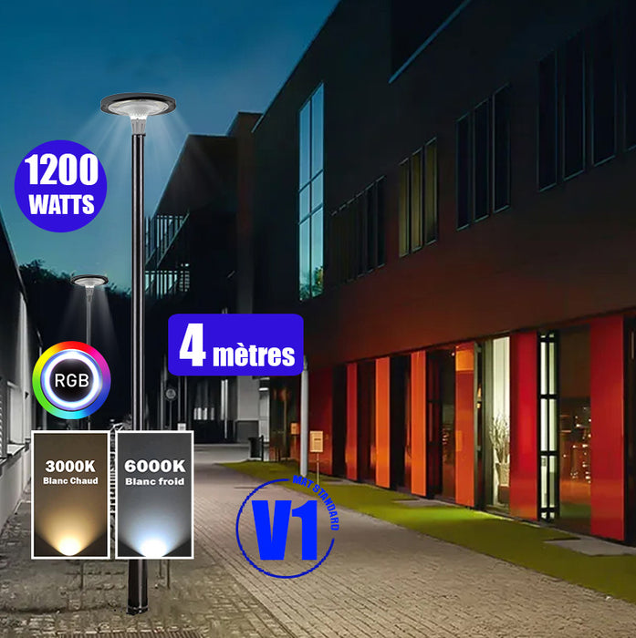 Pack lampadaire solaire complet 3/4/5/6 mètres au choix : Lampe solaire Série OVNI FUTUR V1 + Mât EVO - Entraxe des trous 200mm - Noir/Gris au choix