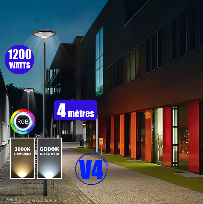 Pack lampadaire solaire complet 3/4/5/6 mètres au choix : Lampe solaire Série OVNI FUTUR V1 + Mât EVO - Entraxe des trous 200mm - Noir/Gris au choix
