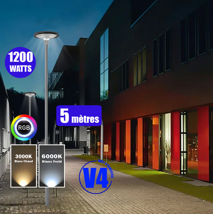 Pack lampadaire solaire complet 3/4/5/6 mètres au choix : Lampe solaire Série OVNI FUTUR V1 + Mât EVO - Entraxe des trous 200mm - Noir/Gris au choix