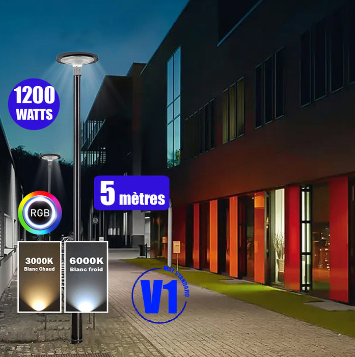 Pack lampadaire solaire complet 3/4/5/6 mètres au choix : Lampe solaire Série OVNI FUTUR V1 + Mât EVO - Entraxe des trous 200mm - Noir/Gris au choix