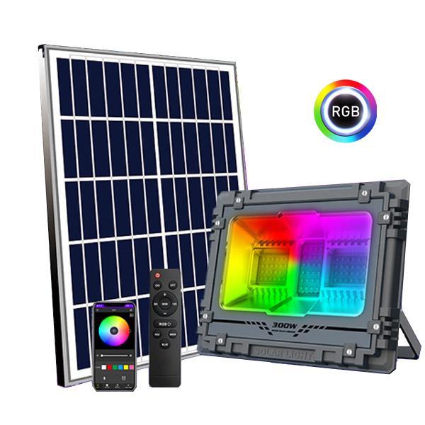 Pack de 2x Projecteurs LED solaires - Série WARRIOR RGBW (Multicolores + Blanc) - 800 Watts - Angle 180° - Lampe 38,5 x 30,3 x 8cm - IP67 - Avec télécommande - Avec capteur crépusculaire - Bluetooth - Rythme musical