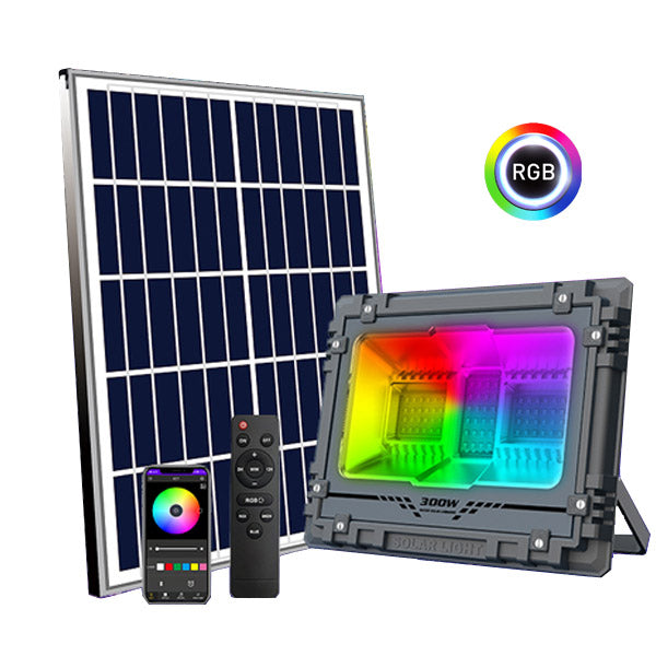 Pack lampadaire complet 6 mètres : Projecteur LED Solaire Série WARRIOR 300 Watts RGBW (Multicolores + Blanc) + Mât STANDARD (V1 EVO ou V4 EVO - Avec trappe) + Tête de mât rectangulaire