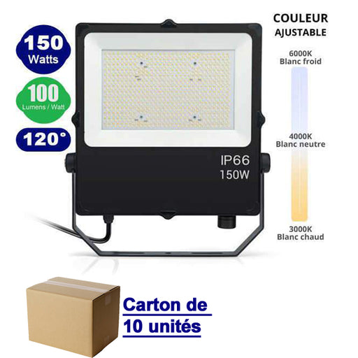 Carton de 10x Projecteurs LED filaire CCT ( Couleur Changeante en Température ) - 150 Watts - 15 000 Lumens - 100 Lumens/Watt - 39 x 32 x 5 cm - Angle 120° - IP66