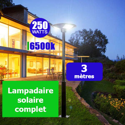 Pack lampadaire complet 3 mètres : Lampe solaire Série OVNI BASIC 250 Watts 6500k + Mât STANDARD 3 mètres