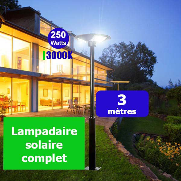 Pack lampadaire complet 3 mètres : Lampe solaire Série OVNI BASIC 250 Watts 3000k + Mât STANDARD 3 mètres
