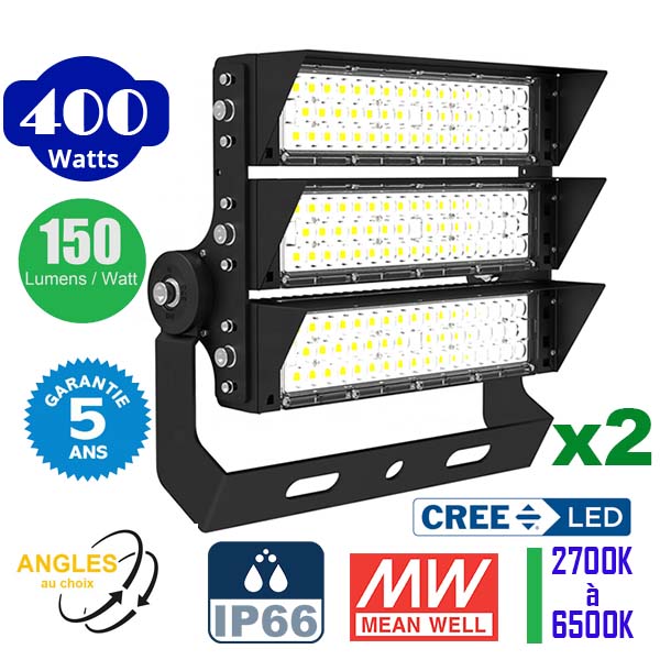 Pack de 6x Projecteurs haute puissance LED de stade filaire - Série EXCEPTION - 400 Watts - 60 000 Lumens - 150 Lumens/Watt - Angle 20°/40°/60°/90° au choix - 44 x 38 x 11 cm - IP66 - IK08 - 2700k à 6500k - Transformateur Meanwell- Garantie 5 ans