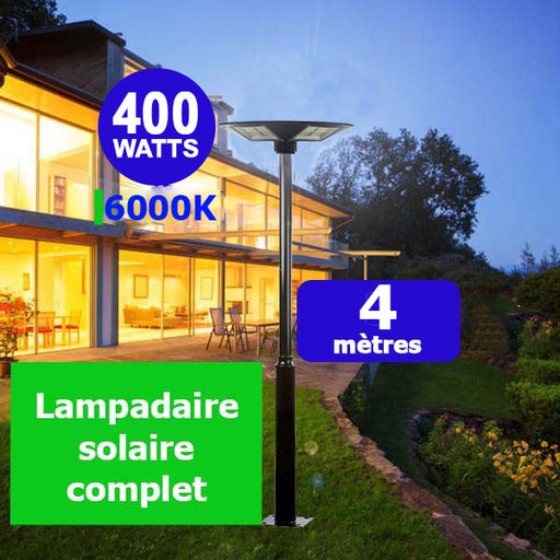 Pack lampadaire complet 4 mètres : Lampe solaire Série OVNI HERCULE 400 Watts - 2000 lumens - 6000K - Angle 360° + Mât STANDARD 4 mètres