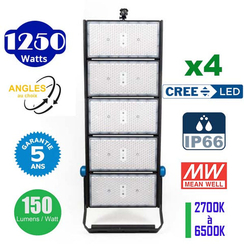 Pack de 4x Projecteurs haute puissance LED de stade filaire - Série EXCEPTION - 1250 Watts - 187 500 Lumens - 150 Lumens/Watt - 15°/30°/45°/60°/90°/120° au choix - 46 x 106 x 18 cm - IP66 - IK08 - 2700k à 6500k - Transformateur Meanwell- Garantie 5 ans