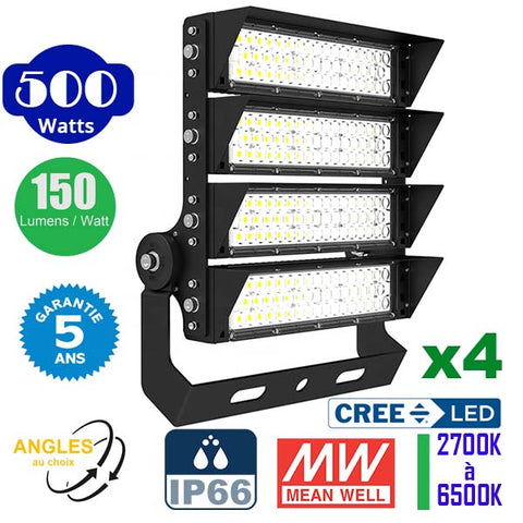 Pack de 4x Projecteurs haute puissance LED de stade filaire - Série EXCEPTION - 500 Watts - 75 000 Lumens - 150 Lumens/Watt - Angle 20°/40°/60°/90° au choix - 44 x 48 x 11 cm - IP66 - IK08 - 2700k à 6500k - Transformateur Meanwell- Garantie 5 ans