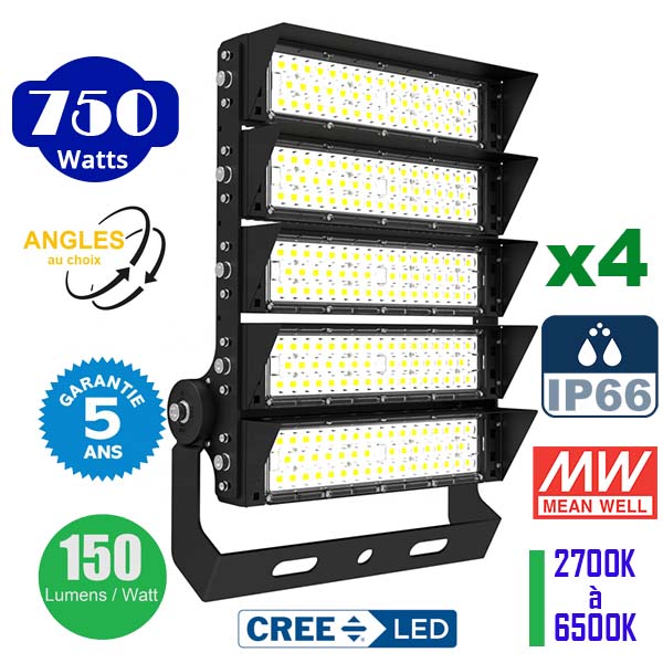 Pack de 4x Projecteurs haute puissance LED de stade filaire - Série EXCEPTION - 750 Watts - 112 500 Lumens - 150 Lumens/Watt - 20°/40°/60°/20°x95° au choix - 44 x 58 x 11 cm - IP66 - IK08 - 2700k à 6500k - Transformateur Meanwell- Garantie 5 ans