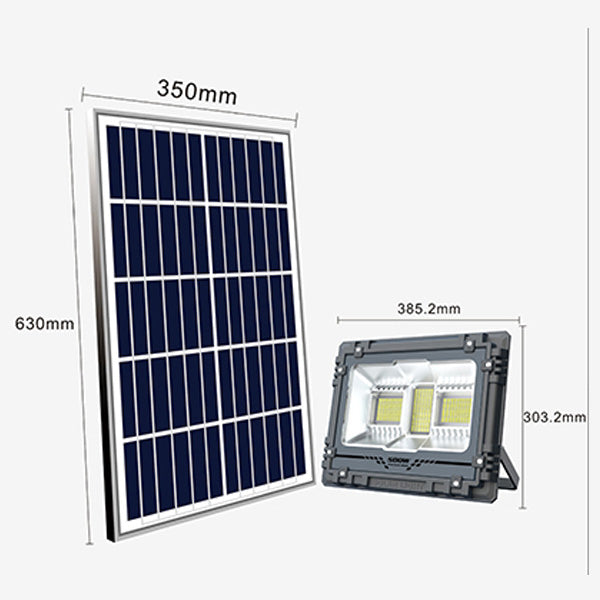 Projecteur LED solaire - Série WARRIOR - 500 Watts - Angle 120° - Lampe 39 x 30 x 8 cm - Panneau solaire 63 x 35 cm - IP67 - Avec télécommande - Dernière génération Solaire - Couleur éclairage 6000K