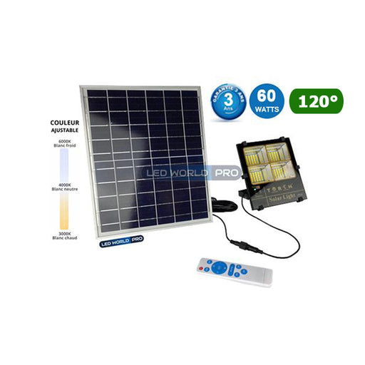 Projecteur LED solaire - Série AJUST - Couleur éclairage AJUSTABLE - 60 Watts - Angle 120° - Lampe 190 x 170 x 40 mm - Panneau 340 x 270 x 17 mm - IP65 - Télécommande - Garantie 3 ans