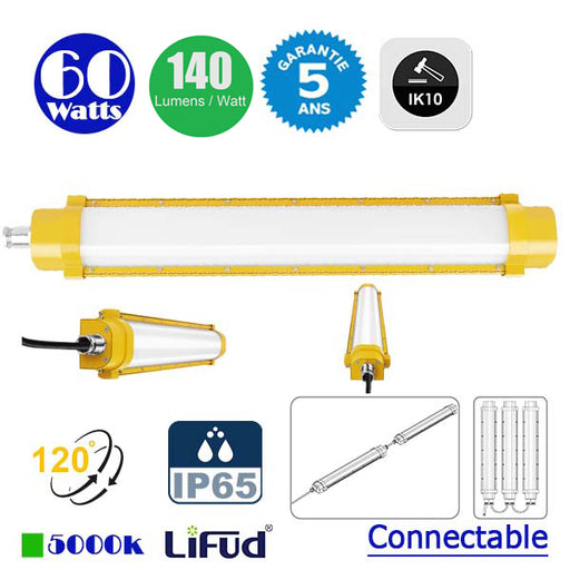Réglette LED linéaire connectable - Série ATEX - 120cm - 60 Watts - 8400 Lumens - 140 Lumens/Watt - Angle 120° - IP65 - IK10 - 5000k - 134 x 12 x 6 cm - Transformateur LIFUD - Garantie 5 ans