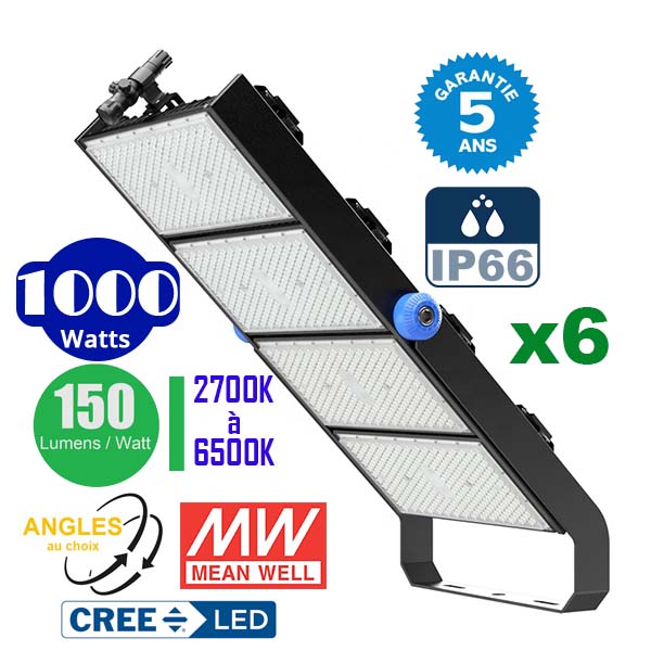 Pack de 6x Projecteurs haute puissance LED de stade filaire - Série EXCEPTION - 1000 Watts - 150 000 Lumens - 150 Lumens/Watt - 15°/30°/45°/60°/90°/120° au choix - 46 x 88 x 18 cm - IP66 - IK08 - 2700k à 6500k - Transformateur Meanwell- Garantie 5 ans