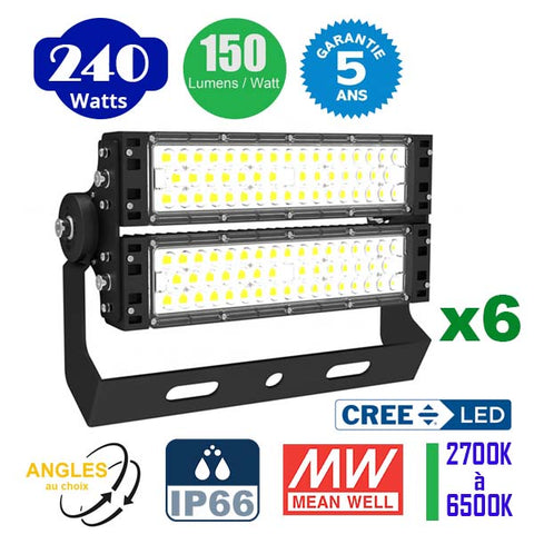 Pack de 6x Projecteurs haute puissance LED de stade filaire - Série EXCEPTION - 240 Watts - 36 000 Lumens - 150 Lumens/Watt - Angle 20°/40°/60°/90° au choix - 44 x 28 x 11 cm - IP66 - IK08 -  2700k à 6500k - Transformateur Meanwell- Garantie 5 ans