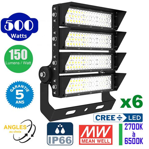 Pack de 6x Projecteurs haute puissance LED de stade filaire - Série EXCEPTION - 500 Watts - 75 000 Lumens - 150 Lumens/Watt - Angle 20°/40°/60°/90° au choix - 44 x 48 x 11 cm - IP66 - IK08 - 2700k à 6500k - Transformateur Meanwell- Garantie 5 ans