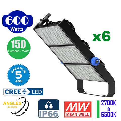 Pack de 6x Projecteurs haute puissance LED de stade filaire - Série EXCEPTION - 600 Watts - 90 000 Lumens - 150 Lumens/Watt - Angle 15°/30°/45°/60°/120° au choix - 92 x 74 x 13 cm - IP66 - IK08 - 2700k à 6500k - Transformateur Meanwell- Garantie 5 ans