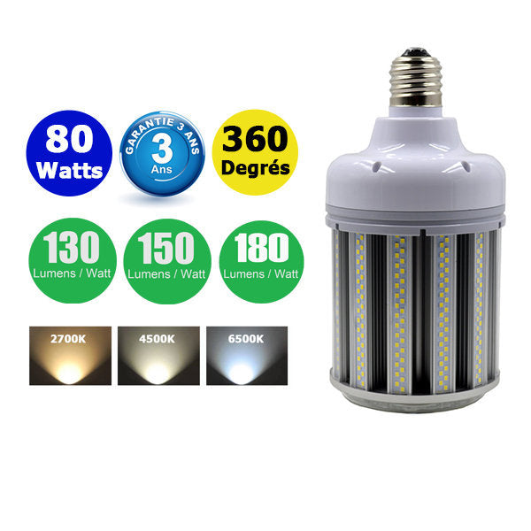 Ampoule LED E40 - Série CL6 - 80 Watts - 130 / 150 / 180 lumens par Watt au choix - 133 x 262 mm - Angle 360° - IP44