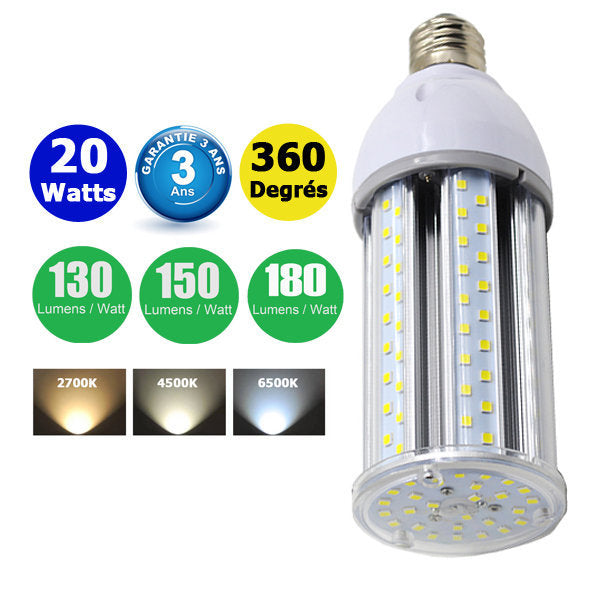 Ampoule LED E27 / E40 au choix - Série CL6 - 20 Watts - 130 / 150 / 180 lumens par Watt au choix - 64 x 187 mm - Angle 360° - IP44