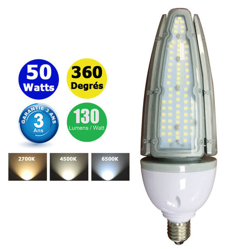 Ampoule LED E27 / E40 au choix - Série CL9 - 50 Watts - 6500  lumens - 130 lumens/Watt - 88  x 265 mm - Angle 360° - IP65 - Garantie 3 ans