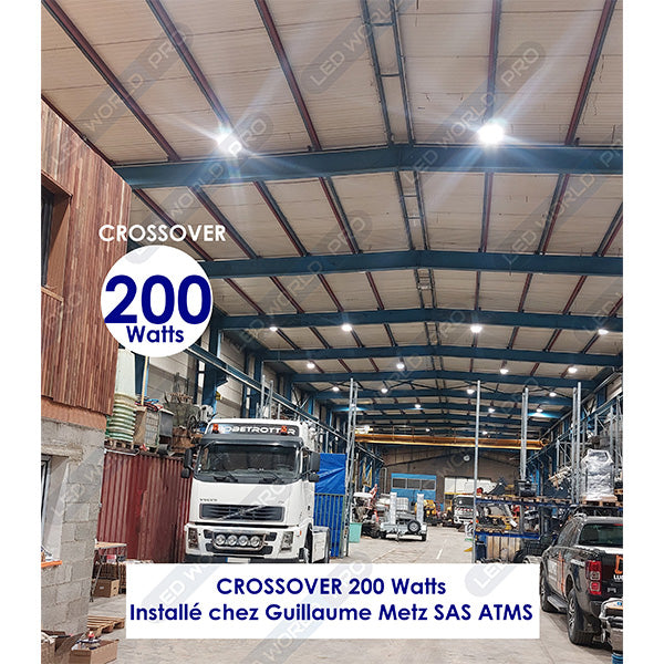 Pack de 4x Lampes industrielles UFO - Série CROSSOVER V2 - 200 Watts - 30 000 Lumens - 150 Lumens/Watt - Angle 90° - IP65 - IK08 - 35 x 14 cm - Dimmable - Transformateur SOSEN - 4000k/5000k - Garantie 5 ans