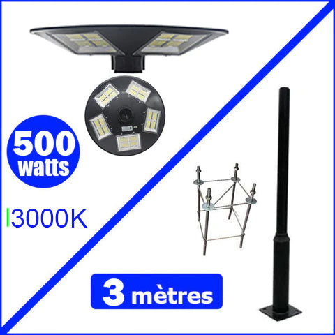 Pack lampadaire complet 3 mètres : Lampe solaire Série OVNI HERCULE 500 Watts - 2200 lumens - 3000K - Angle 360° + Mât STANDARD 3 mètres  (V1 EVO ou V4 EVO - Avec trappe)