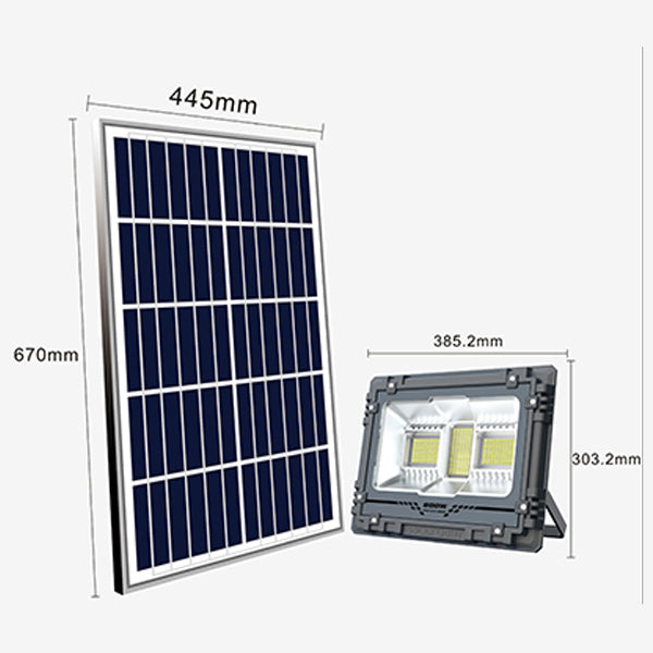 Projecteur LED solaire - Série WARRIOR - 800 Watts - Angle 120° - Lampe 39 x 30 x 8 cm - Panneau solaire 67 x 45 cm - IP67 - Avec télécommande - Dernière génération Solaire - Couleur éclairage 4000K
