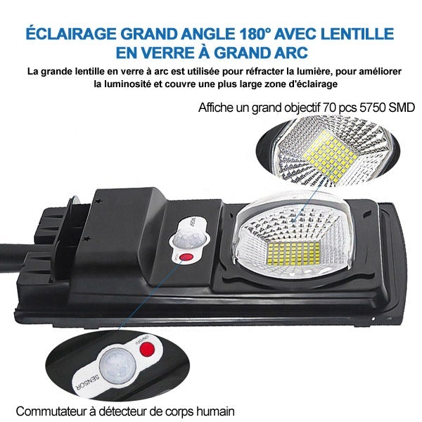 Pack de 2x Lampes de rue solaires - Série CYCLOPE - Rendu lumineux 80 Watts - Angle éclairage 180 ° - IP67 - 25 x 14 x 4 cm - Avec capteur crépusculaire – Support mural intégré – Couleur 6000K