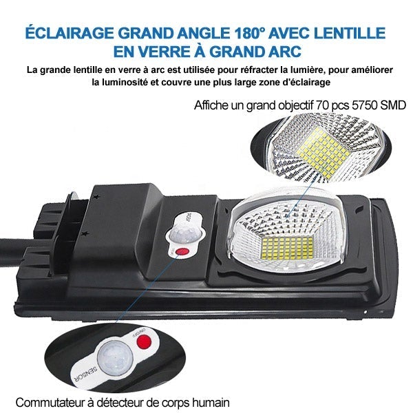Pack de 5x Lampes de rue solaires - Série CYCLOPE - Rendu lumineux 80 Watts - Angle éclairage 180 ° - IP67 - 25 x 14 x 4 cm - Avec capteur crépusculaire – Support mural intégré – Couleur 6000K