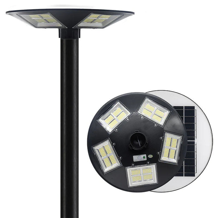 Pack lampadaire complet 3 mètres : Lampe solaire Série OVNI HERCULE 500 Watts - 2200 lumens - 3000K - Angle 360° + Mât STANDARD 3 mètres  (V1 EVO ou V4 EVO - Avec trappe)