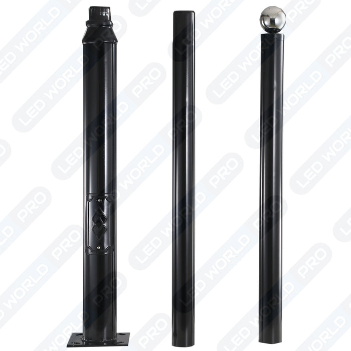 Mât / Poteau pour lampe de rue - Série STANDARD V2 EVO avec TRAPPE - Vis antivol - 3 mètres - Entraxe latéral des trous 200mm - Couleur Noir - Base de fondation et capuchon en option