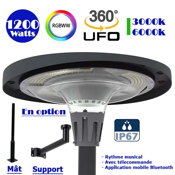 Lampe LED solaire  - Série OVNI FUTUR - RGBWW - Type UFO - 1200 Watts - 2800 lumens - Panneau Monocristallin - IP67 - Angle 360° - Diamètre tube d'insertion 76 mm - Télécommande - Application mobile Bluetooth - Rythme musical - Couleur 3000K / 6000K / RGB
