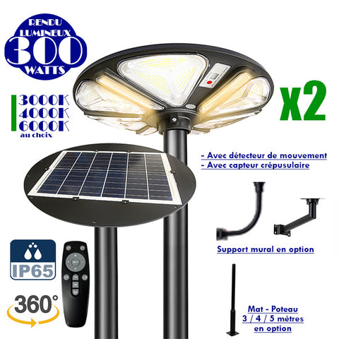 Pack de 2x Lampes solaires pour extérieur - Série OVNI TRICOLORE - Rendu lumineux 300W -  2000 lumens - IP65 - Détecteur de mouvement - Capteur crépusculaire - Couleur de température au choix - Diamètre tube d'insertion 60/76mm - Mât / Poteau en option