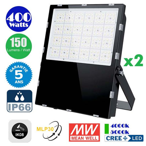 Pack de 2x Projecteurs LED Haute Puissance - Série CITY PLUS EVO 400 Watts - 60 000 Lumens - 150 Lumens/Watt - Angle  MLP30 - IP66 - IK08 - 50 x 41 x 7 cm - Transformateur MEANWELL - 4000k / 5000k - Garantie 5 ans