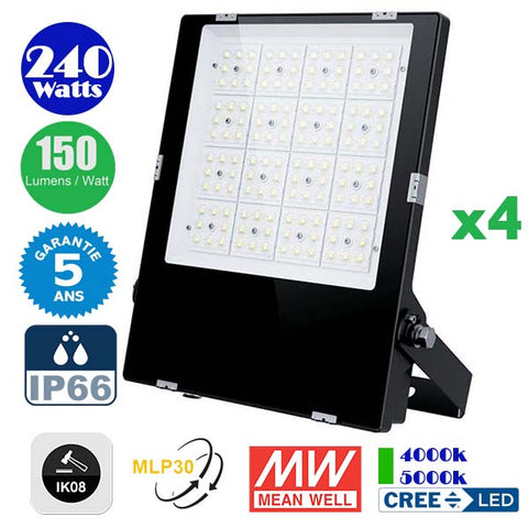Pack de 4x Projecteurs LED Haute Puissance - Série CITY PLUS EVO 240 Watts - 36 000 Lumens - 150 Lumens/Watt - Angle  MLP30 - IP66 - IK08 - 41 x 33 x 5 cm - Transformateur MEANWELL - 4000k / 5000k - Garantie 5 ans